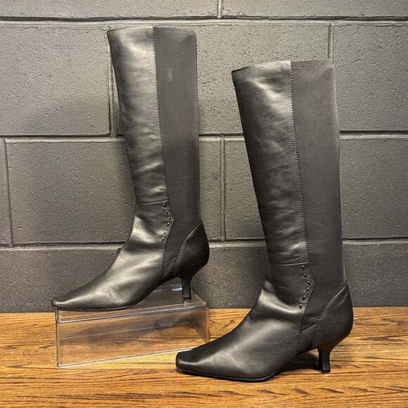Liz Claiborne Brush Black Leather Witchy Square Toe Knee High Boots Women’s 7 - Picture 1 of 8